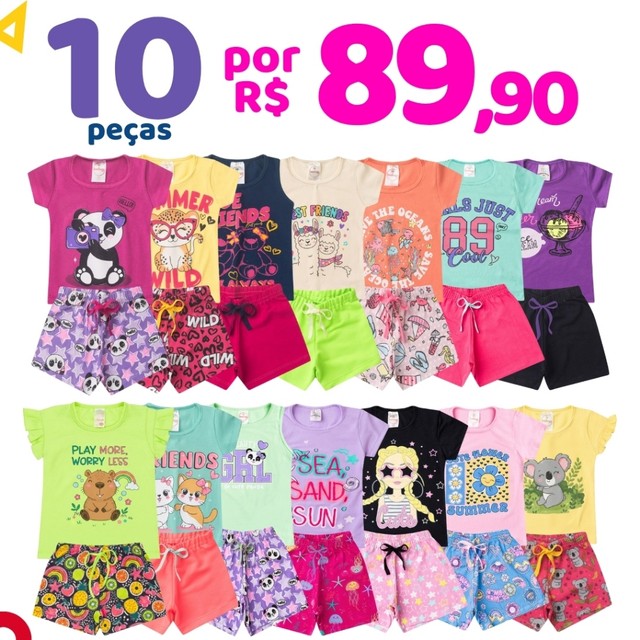 Kit 10 Peças Roupa Infantil Menina Conjunto Verão Criança Feminino 5 Camisetas + 5 Shorts