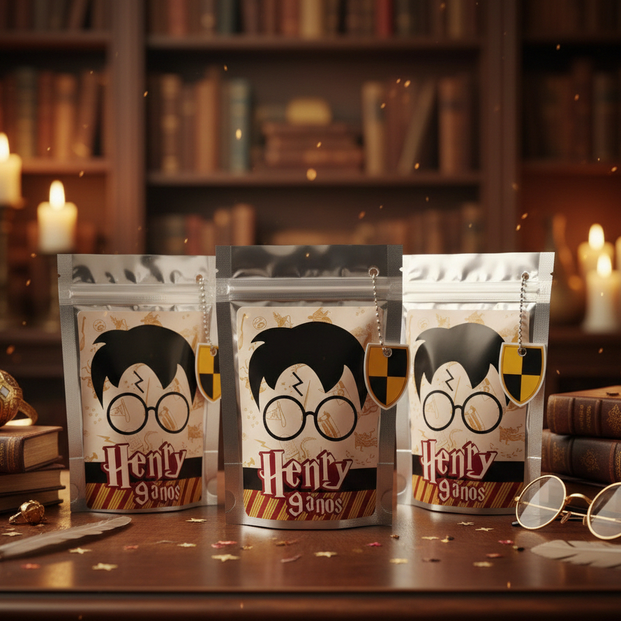 Saquinho Metalizado Harry Potter Personalizado Tamanho P – Lembrancinha de Aniversário / Festa Infantil