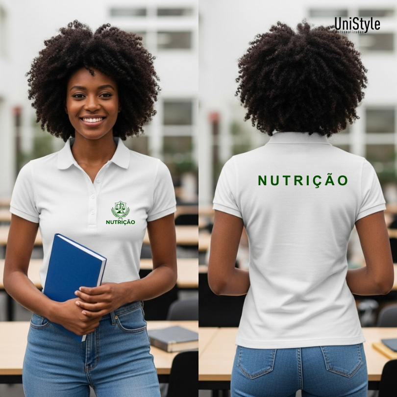 Camisa Gola Polo Nutrição Profissões Unissex e Baby Look Brasão em Malha Piquet Premium