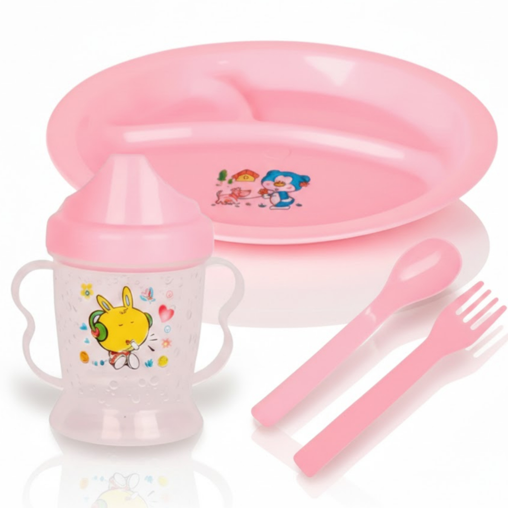 Kit Refeição Infantil 4 Peças Pratinho, Squeeze, Talheres Kit Papinha Rosa, Verde e Azul