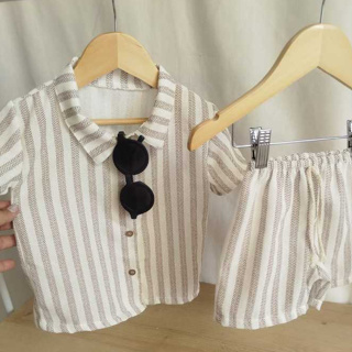Conjunto Infantil Menino Social de Linho | Camisa Listrada + Bermuda Elástico 1 a 8 Anos em Oferta na Shopee