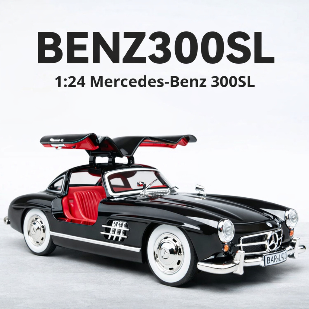 Carro Mercedes Benz 300SL 1:24 – Miniatura Coleção Diecast em Metal Fundido com Faróis Led e Som