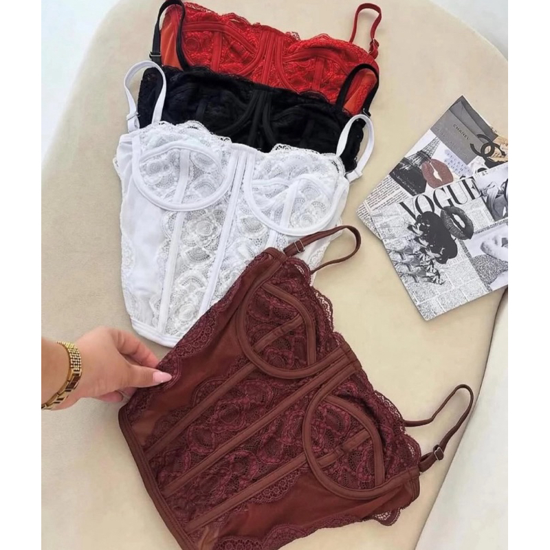 Cropped Feminino Corset Renda Corselet Alça Regulagem