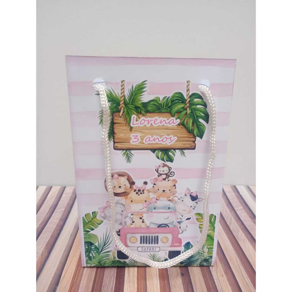 Sacolinhas personalizadas Safari Baby rosa PEGUE E MONTE Lembrancinha de aniversário Sacolinha surpresa