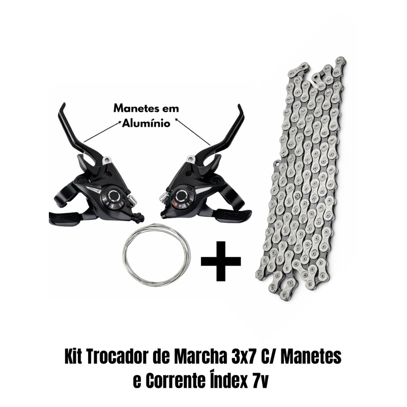 Kit Alavanca De Marcha 3x7 21V Com Manetes em Alumínio + Corrente 7v Index Bicicleta MTB Marcha