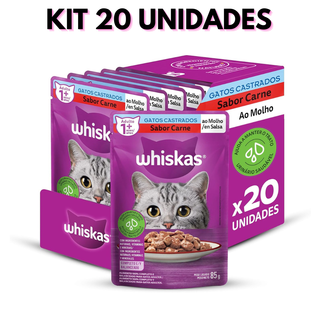 SACHÊ WHISKAS CASTRADOS CARNE 85G KIT 20 UN