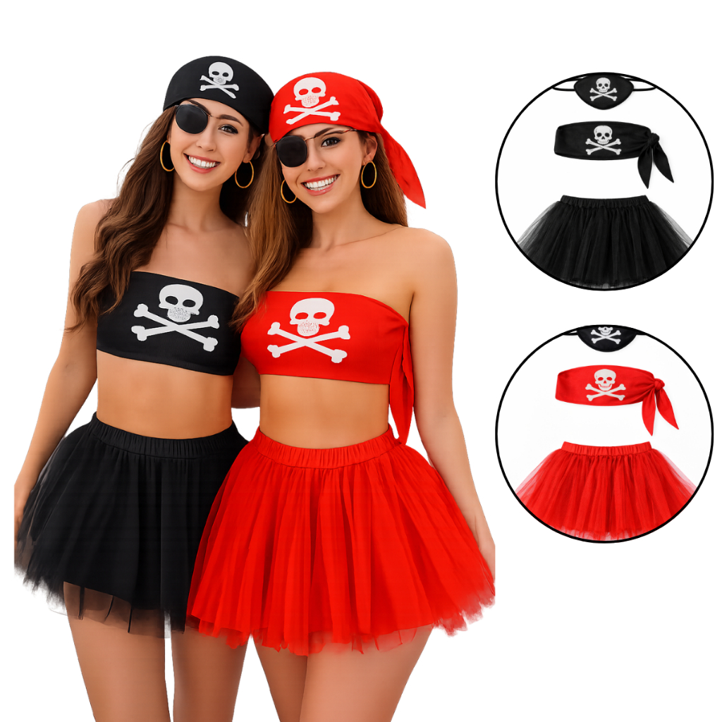 Kit Fantasia Pirata Preta e Vermelha 3 pçs Bandana Tapa Olho Saia Tule Carnaval Bloquinho Festa Cosplay Dupla Amigas em Oferta na Shopee