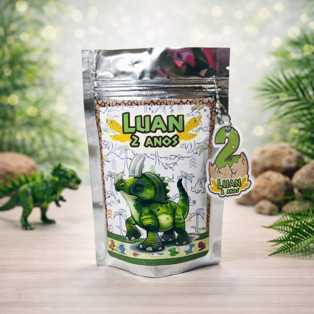Saquinho Metalizado Dinossauro Personalizado Tamanho P – Lembrancinha de Aniversário / Festa