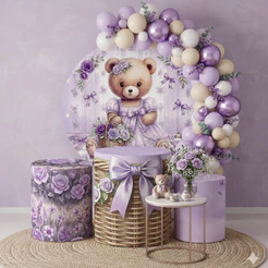 Capas Decorativas Ursinha Lillás Floral Aniversário Infantil Festa Chá De Bebê Menina
