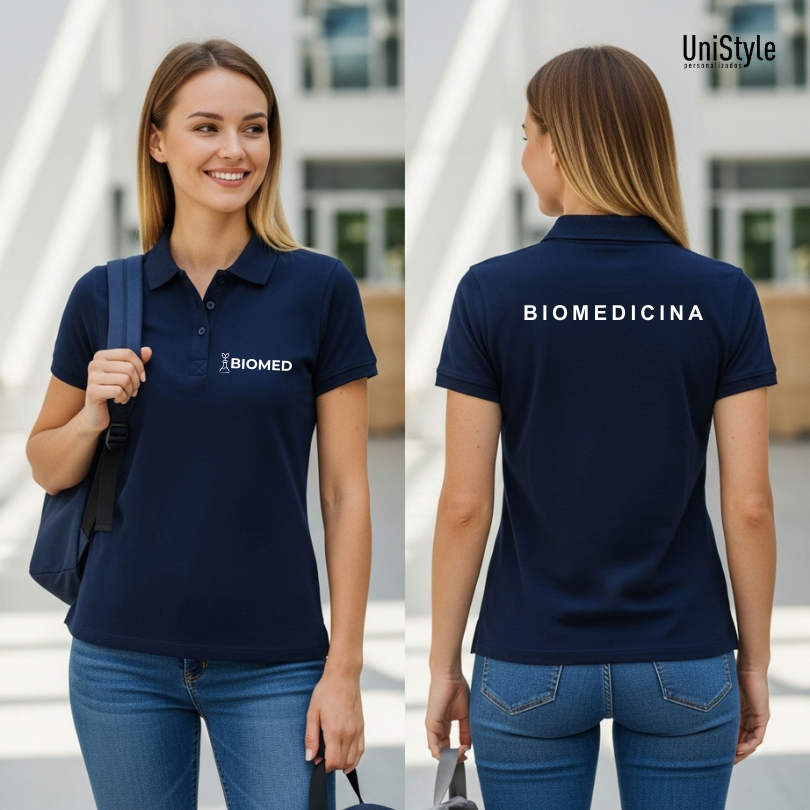 Camisa Gola Polo Biomedicina Profissões Unissex e Baby Look Símbolo em Malha Piquet Premium