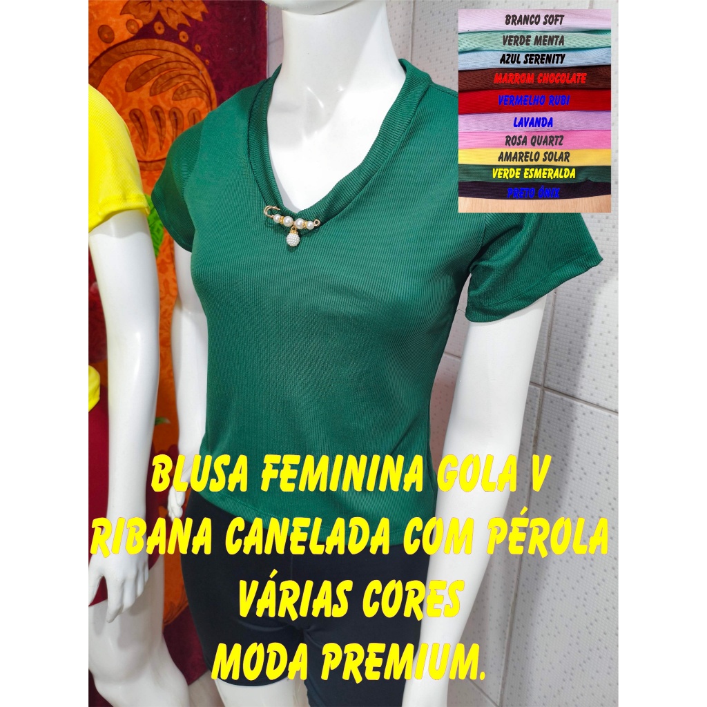 Blusa Feminina Gola V Ribana Canelada com Pérola - Várias Cores - Moda Premium - Chic - Extremamente Versátil -