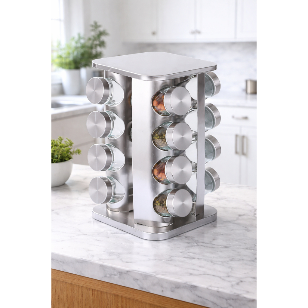Porta Temperos Quadrado Giratório Inox com 16 Potes de Vidro + Adesivos para Etiquetar os Potes e Canetinha em Oferta na Shopee