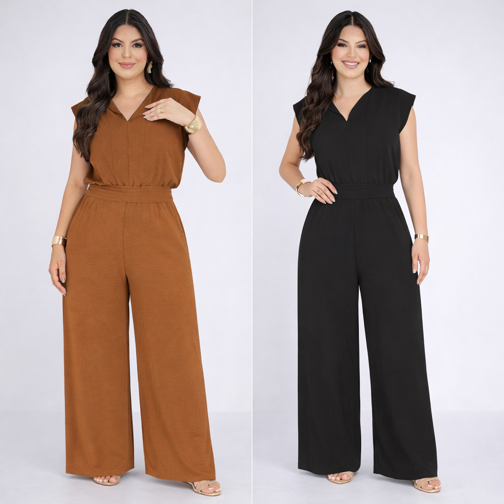 Macacão Ju Feminino Slim e Plus Size Social Com Tira Amarração Cintura Pantalona Longo Moda Evangélica Elegante Mulher