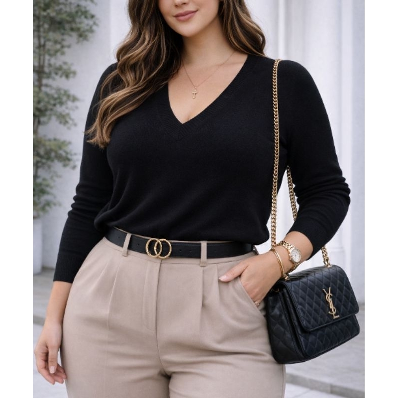 Blusa Tricot Plus Feminina Gola V Manga Longa Inverno Elegante Confortável