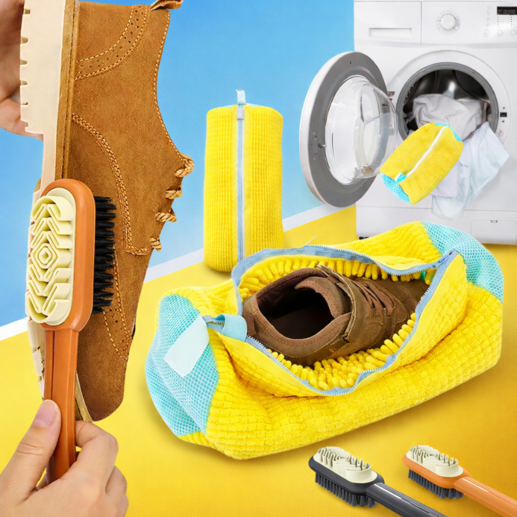 Saco De Lavagem Sapatos Para Máquina De Lavar + Escova Limpar Sapato Tenis Couro Camurça Nobuck