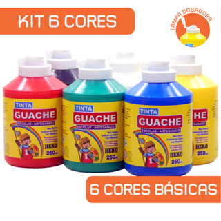 Guache Escolar 250ml - Marca HERO - Kit com 6 potes em Oferta na Shopee