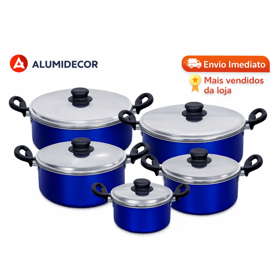 Jogo De Panelas Caçarolas 5 peças - AZUL -  Tampa Alumínio em Oferta na Shopee