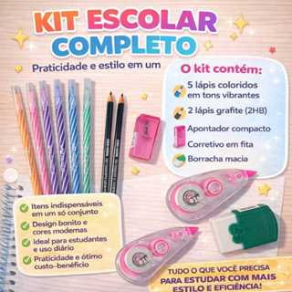 Kit Caneta Esferográfica Colorida Wow Fun+Lápis Grafite+Apontador+Fita Corretiva+Borracha em Oferta na Shopee