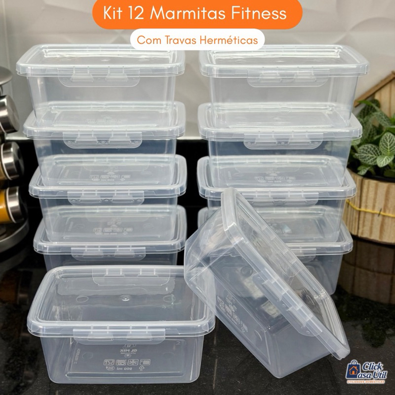 Imagem Kit 12 Marmitas 900ml com Trava Lateral -Pote Plástico para Alimento Micro-ondas Freezer Lava-Louças