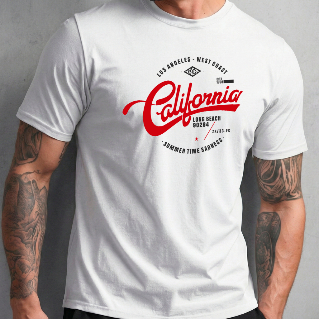 Camiseta Basica Masculina Branca Algodão Gola Redonda Manga Curta Estampa California Estilo Urbano Confortável Macia