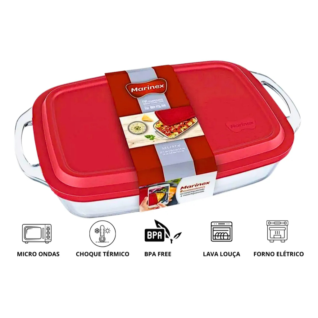 Assadeira Marinex Retangular 3,5L Vidro Temperado com Tampa Vermelha