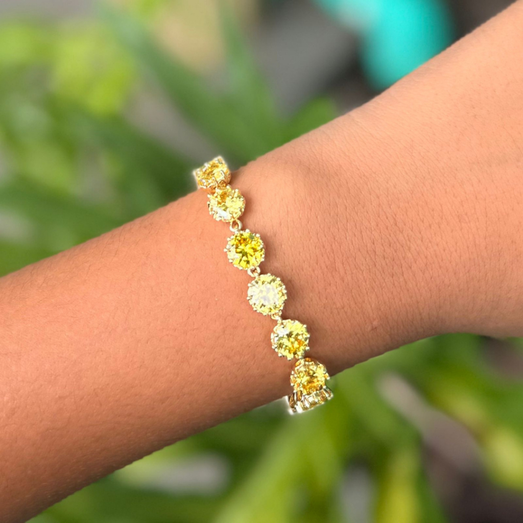 Pulseira Riviera Pedra Citrino Banhada a Ouro 18k | Fecho Jóia | 18cm
