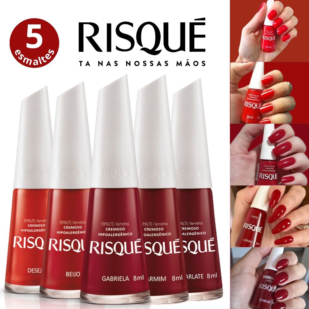 Kit 5 Esmaltes Risqué Tons Vermelhos Esmaltes Atacado em Oferta na Shopee