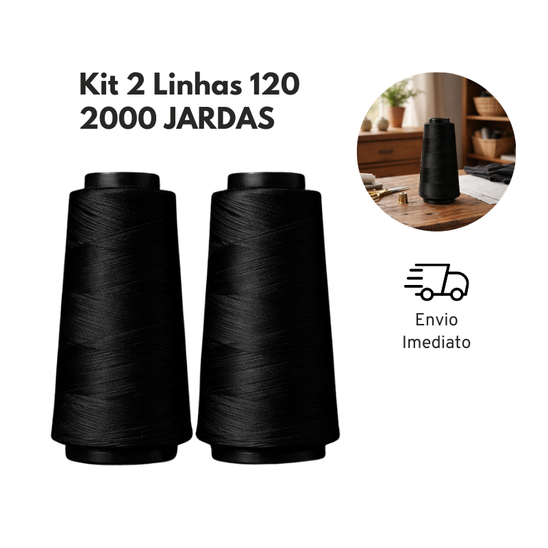 Kit 2 Cones Linha Reta 2.000 Jardas  - 120 Para Máquina de Costurar 2 Mil Jardas Preto