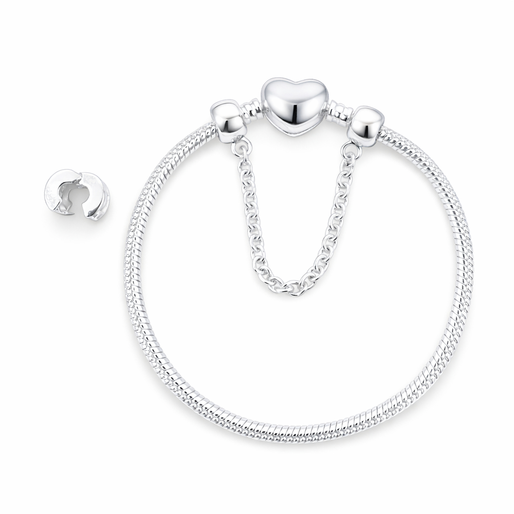 Pulseira Amor Infinito Semijoia – Pulseira de Prata Feminina com Coração + Estojo Porta-Joias