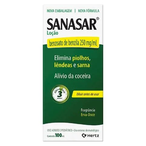 Sanasar Benzoato Benzila Emulsão 100 ml Elimina Piolhos Lêndeas Sarna