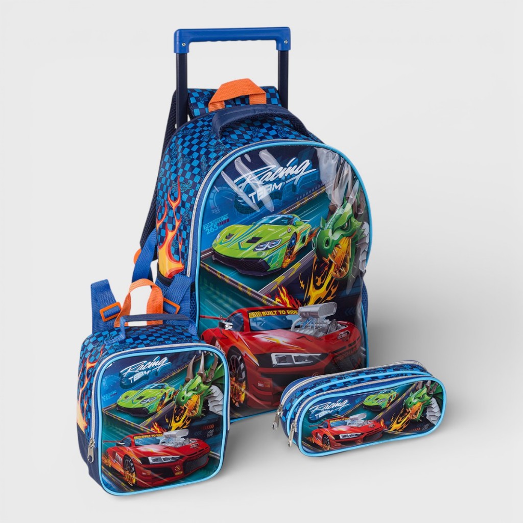 Kit Mochila de Rodinha Estojo Lancheira Térmica Carros Infantil Menino Resistente