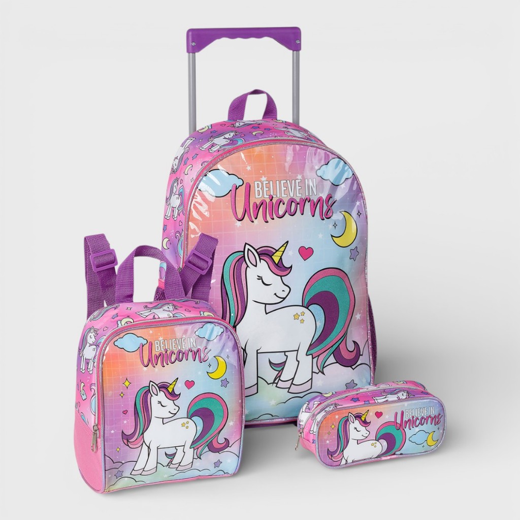 Kit Escolar Mochila Escolar Infantil Menina Rodinha Unicórnio Lancheira Estojo Com Alça
