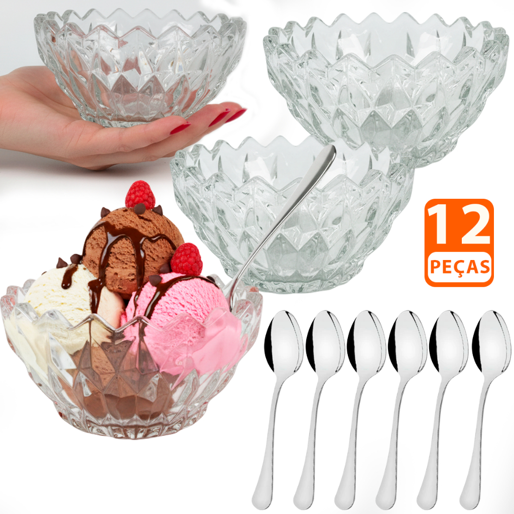 Jogo de 6 Taças Sobremesa Diamond Rocks + 6 colheres inox - Abacaxi Bico De Jaca 280ml