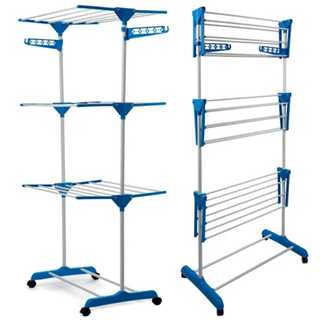 Varal De Chão de Roupa 3 Andares Multiuso Dobrável Portátil com Suporte para Cabides Cores Azul ou Rosa em Oferta na Shopee