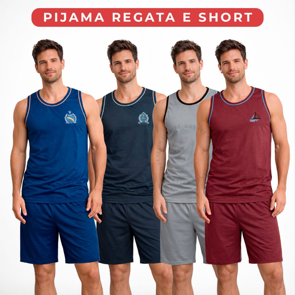 Pijamas Masculino Conjunto Regata e Short Verão Adulto Qualidade Premium Cores Sortidas