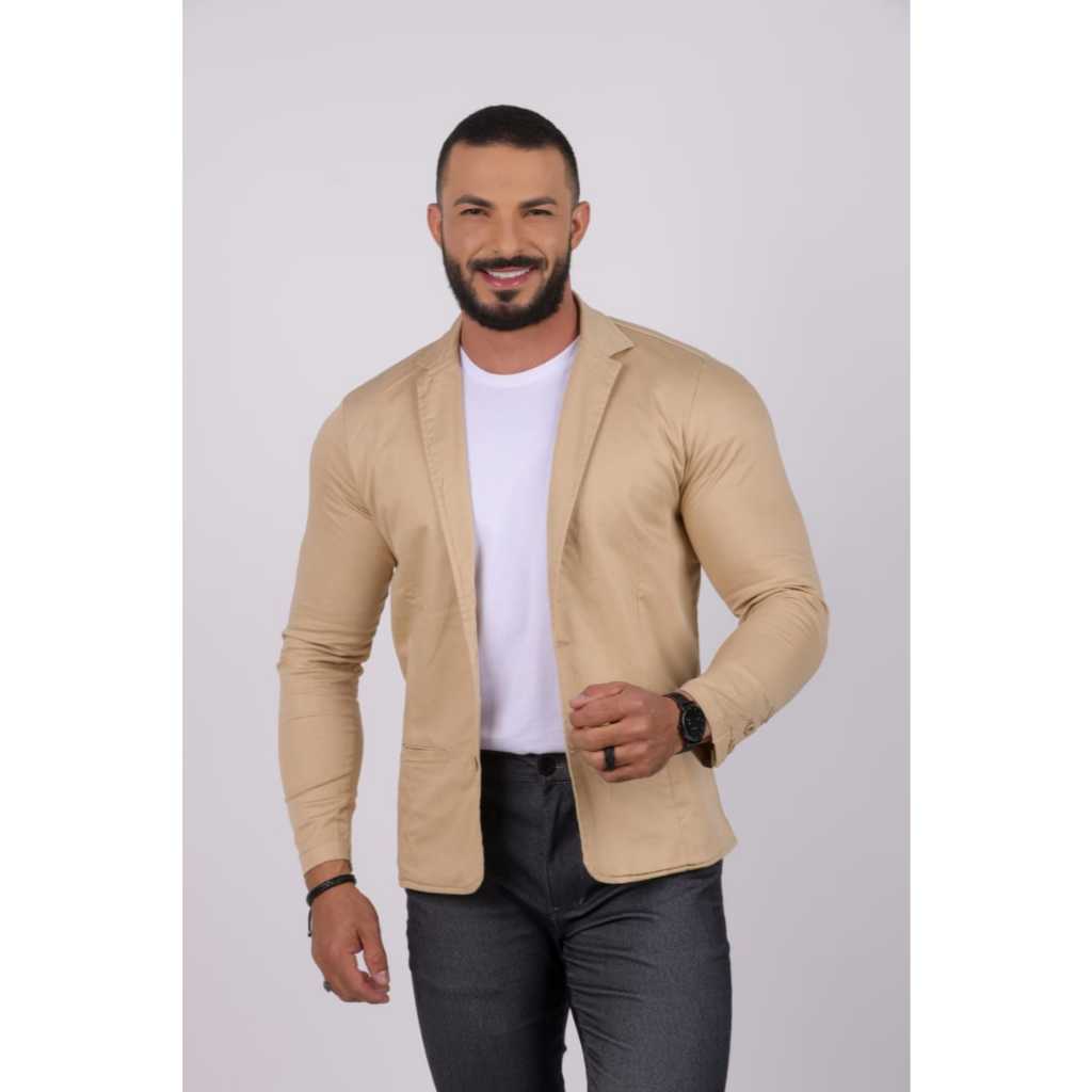 Blazer Masculino Slim Alfaiataria Elastano Bege Dourado