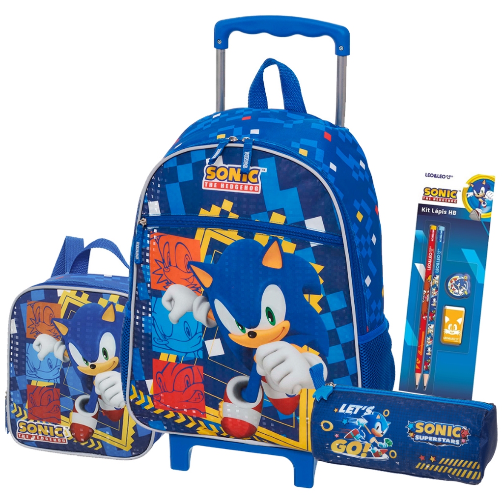 Kit mochila escolar carrinho sonic + lancheira + estojo 2026 em Oferta na Shopee