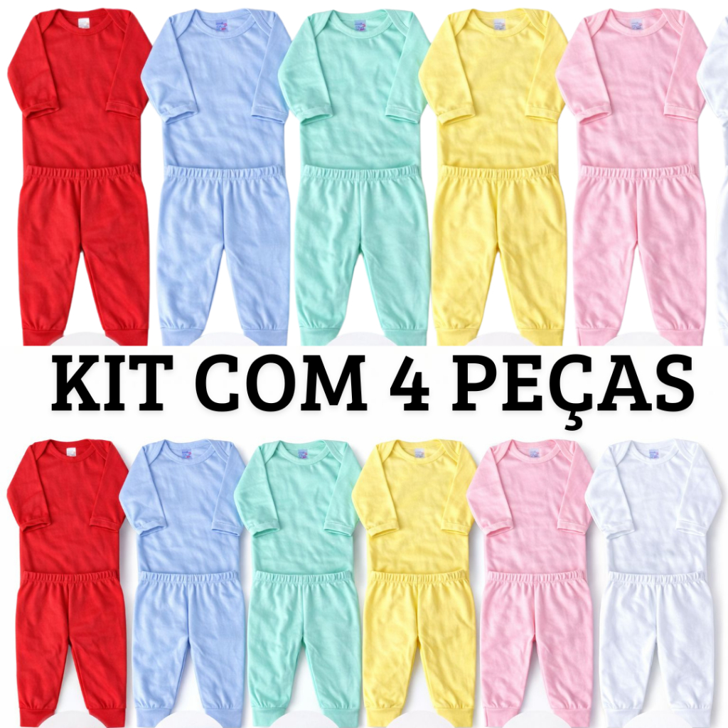 kit enxoval 4 peças combinando 100% algodão bebê menino e menina 2 body e  2 calça lisos.