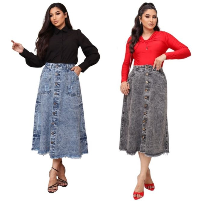 Saia Jeans Azul Marmorizada Evangélica Feminina Longa Com Botões e Bolsos 100%% Jeans Luxo em Oferta na Shopee