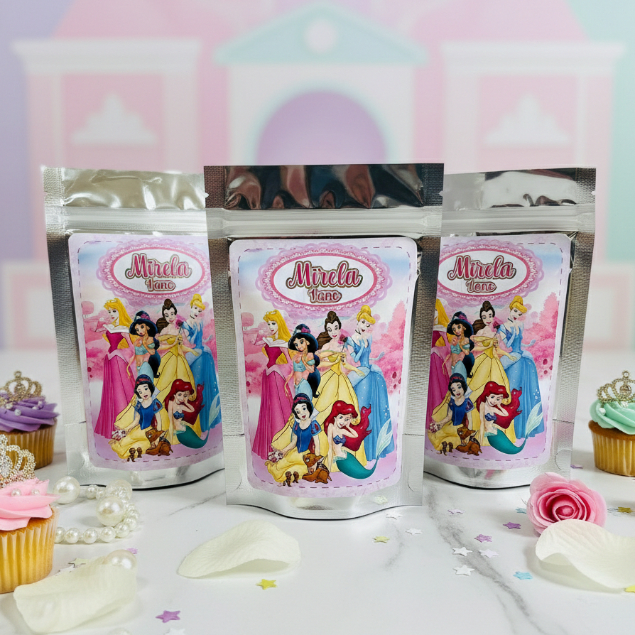 Saquinho Metalizado Princesas Disney Personalizado Lembrancinha de Aniversário / Festa Infantil