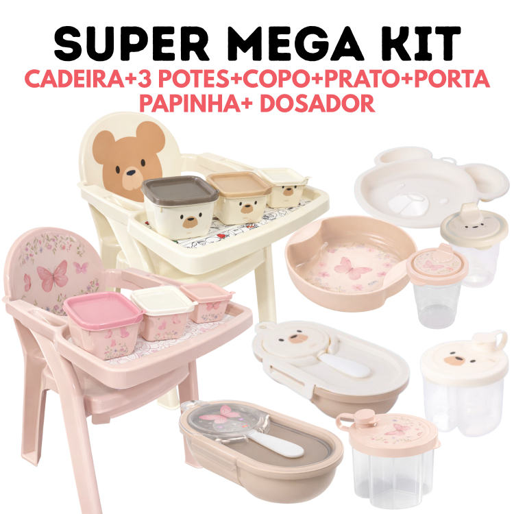 Super Mega Introdução Alimentar Bebê Cadeira + 3 Potinhos + Prato + Copo + Dosador + Papinha