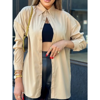 Camisa Feminina Solta Manga Comprida Camisa Social Crepe Cor Lisa em Oferta na Shopee