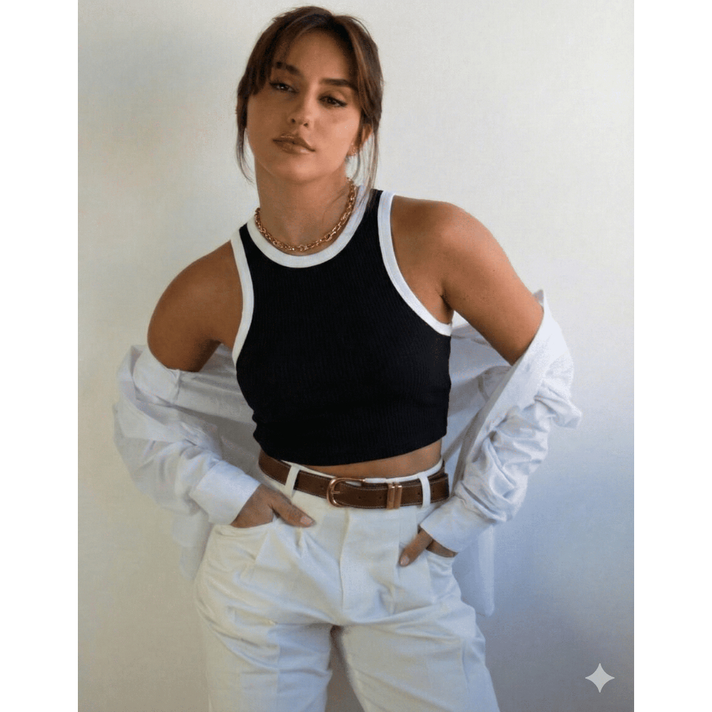 Cropped Regata Feminina Bicolor Canelado Premium Blogueira Verão Alça Larga Tendência Justinha Não Transparente