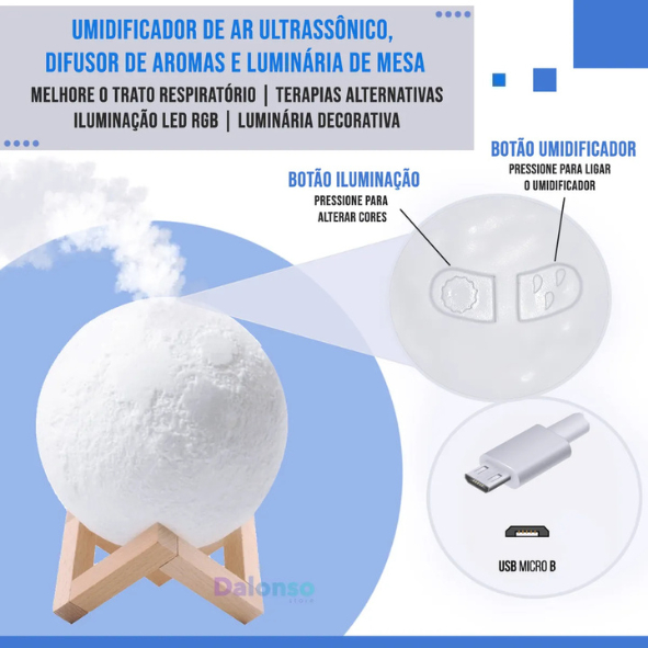 Umidificador De Ar Lua 3D Aromatizador Com 3 Intensidades Luz Noturna 880ML Para Quartos