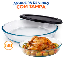 Assadeira De Vidro Temperado Oval Resistente Com Tampa 2,4LT Vai ao Forno