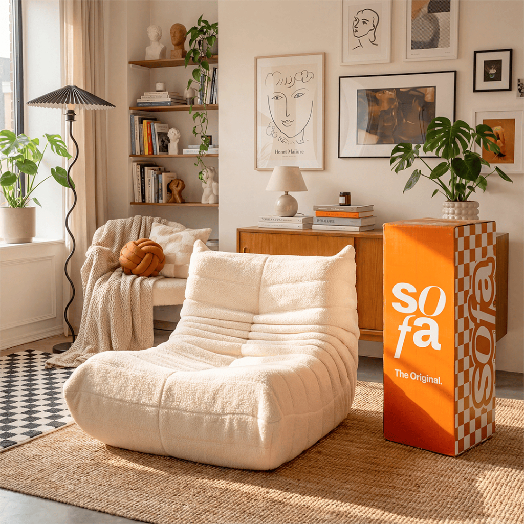 Poltrona Puff Design Retro 1973 em Boucle Macio e Confortável – Sofá na Caixa em Oferta na Shopee