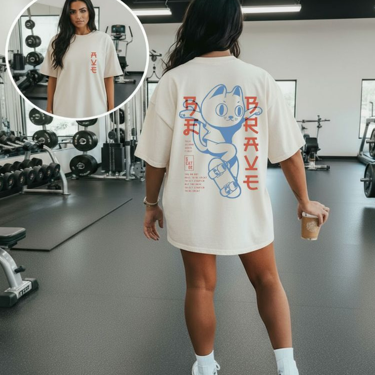 Camiseta Camisa Feminina Oversized Estilosa Streetwear Academia Musculação Fitness Gym Treino Cat