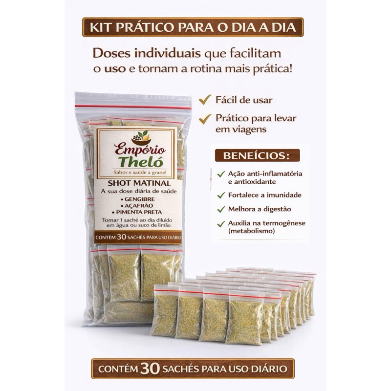 SHOT MATINAL DE GENGIBRE, AÇAFRÃO E PIMENTA PRETA KIT COM 30 SACHES. em Oferta na Shopee