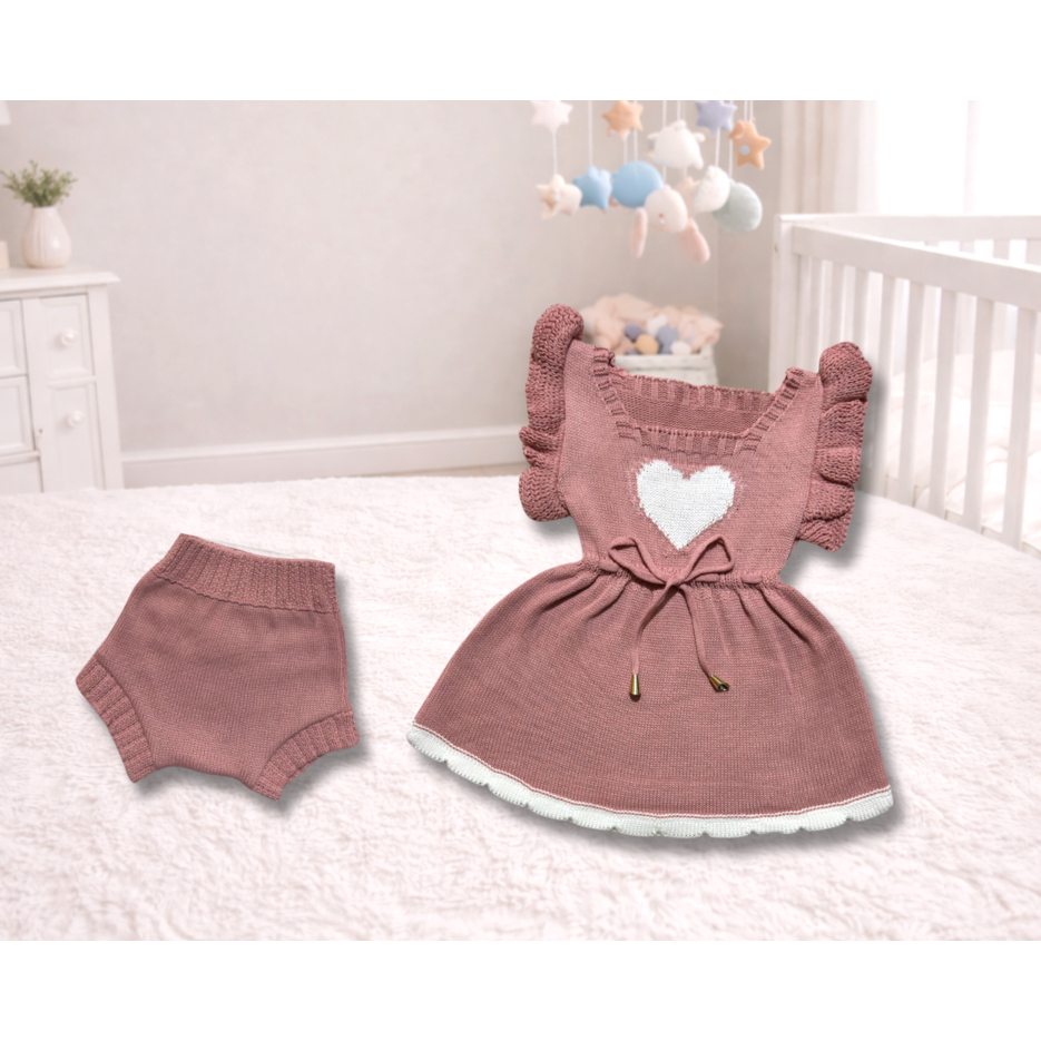 VESTIDO DE TRICOT BEBE MENINA 2PÇS COM BABADO TAPA FRALDA LUXO E CONFORTÁVEL SAÍDA MATERNIDADE BATIZADO FESTA INFANTIL