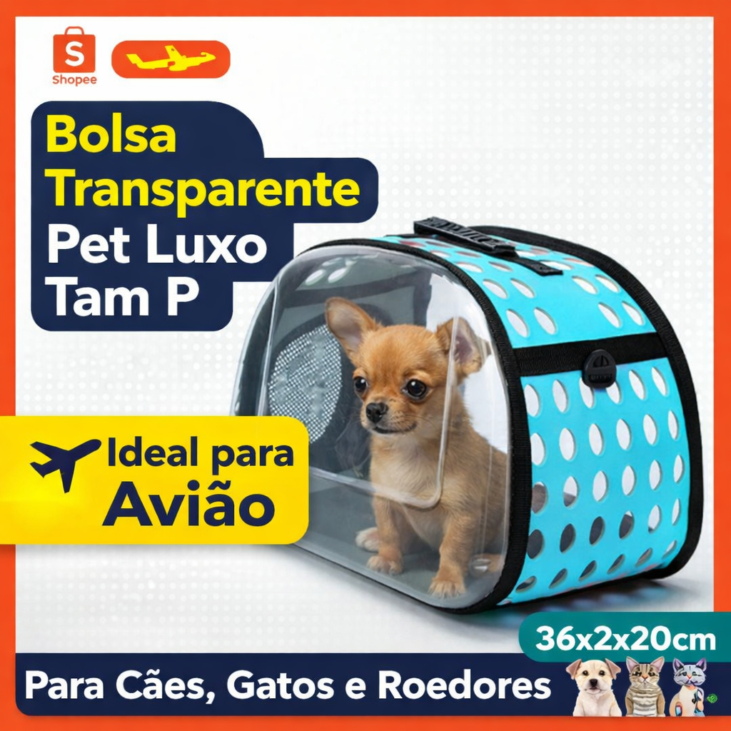 Bolsa Transporte Pet Luxo Transparente Tam P Avião Passeio Cães Gatos Roedores